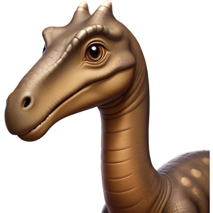 Cinematic Noble Brontosaurus Portrait Emoji, Poised and majestic, with a colossal, elongated neck stretching gracefully from a massive, sturdy body draped in warm, earthy tones, a gentle, wise face with soft, observant eyes, and a long, elegant tail, Simplified yet grandly defined features, highly detailed, glowing with a soft, ancient luminescence, high shine, intelligent and serene, stylized with an air of prehistoric grandeur, focused and calm, soft glowing outline, capturing the essence of a watchful and confident Brontosaurus that appears ready to loom out of the screen with effortless majesty! emoji