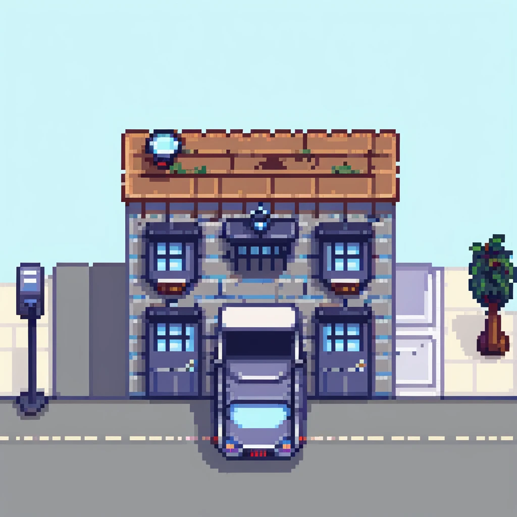 detailed police station building with police car parked outside, pixel art style emoji