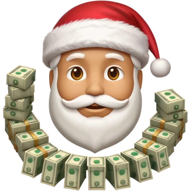 A confident rich emoji face wearing a Santa hat, money stacks, casino vibe, New Year theme, premium 3D emoji style, sharp details, no text, isolated on transparent background emoji