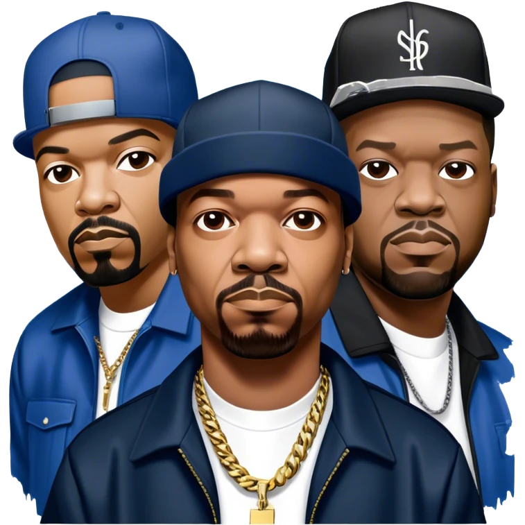Icon for Rap Music: collage of rap legends—Snoop Dogg, Ice Cube, Dr. Dre, and 50 Cent. Iconic elements include microphones, headphones, and urban street elements like graffiti. Bold, energetic vibe with a hip-hop style. Transparent background. emoji