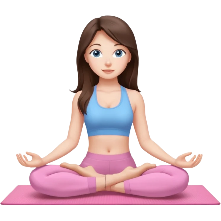 Brunette long hair and blue blue eyes yoga beautiful girl in light pink pink pink clothes sitting on a yoga mat emoji