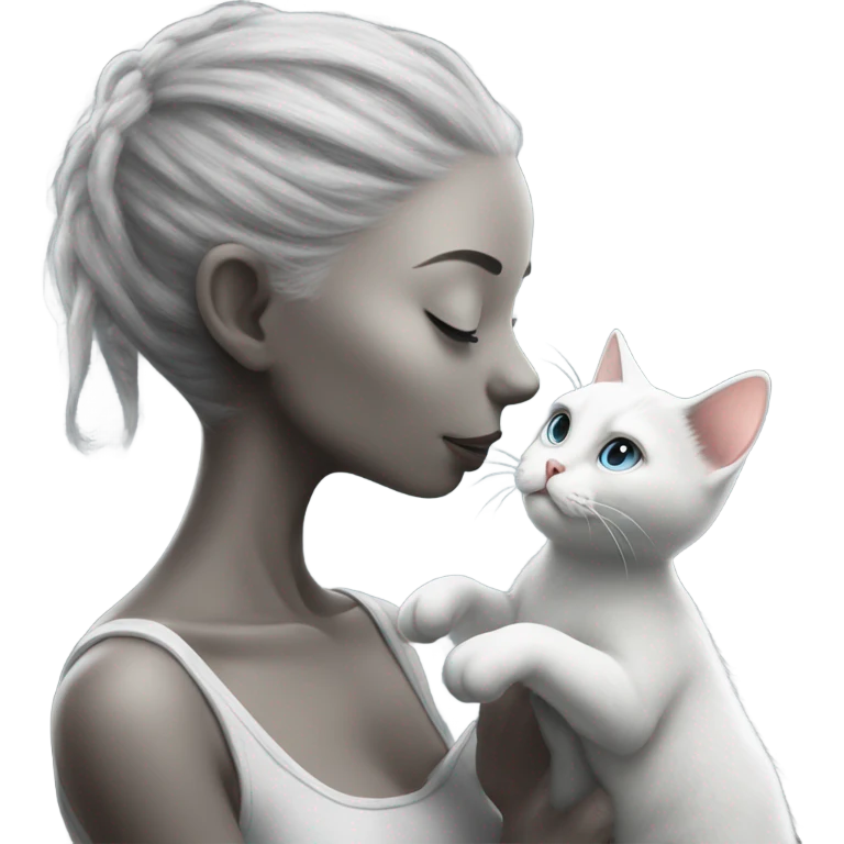 Photo realistic, alien female gray, kissing and embracing white cat, emoji