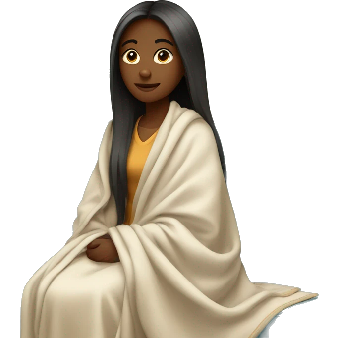 A young women with long straight hair wearing blanket around her and sitting on sofa emoji