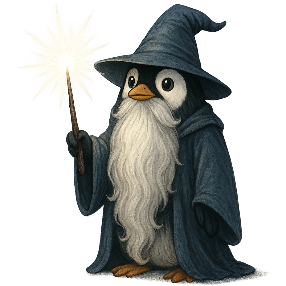 penguin wizard with a long beard, holding a glowing wand emoji