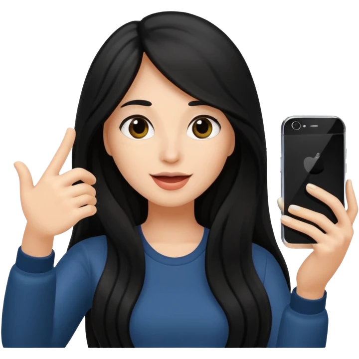 black long haired woman holding her phone having selfie emoji