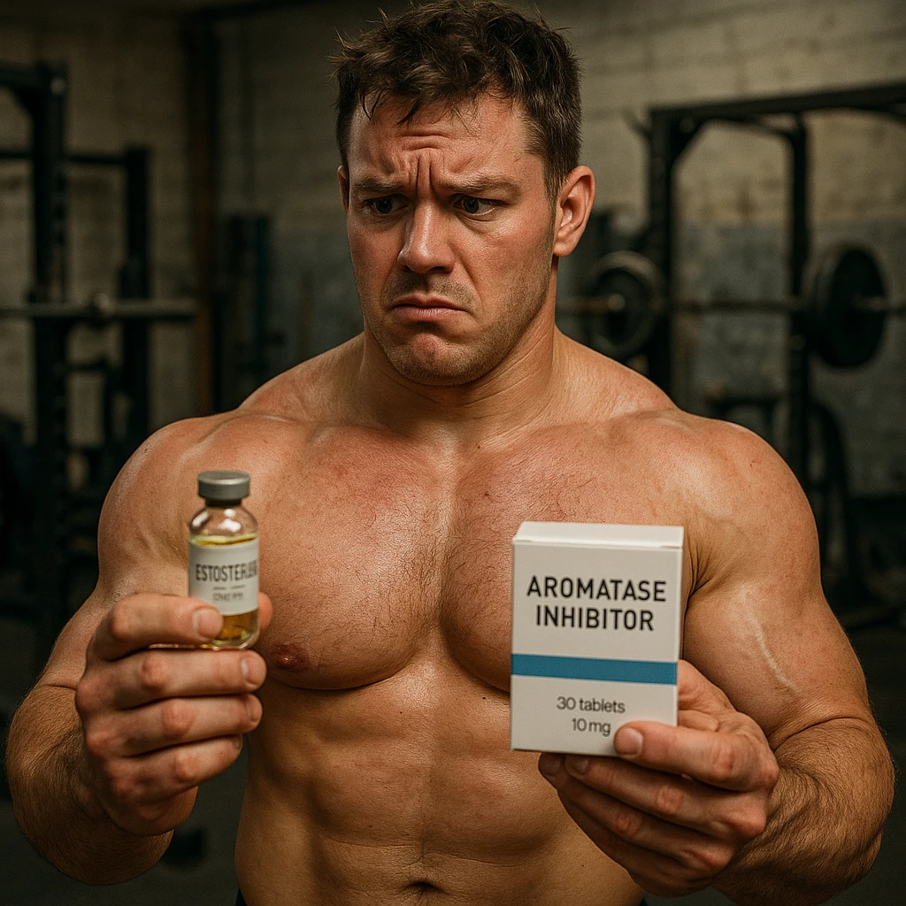 realistic young bodybuilder in gym holding a vial of testosterone and a box of aromatase inhibitor, doubtful expression, swollen muscles but red skin, messy gym background, 4K quality emoji