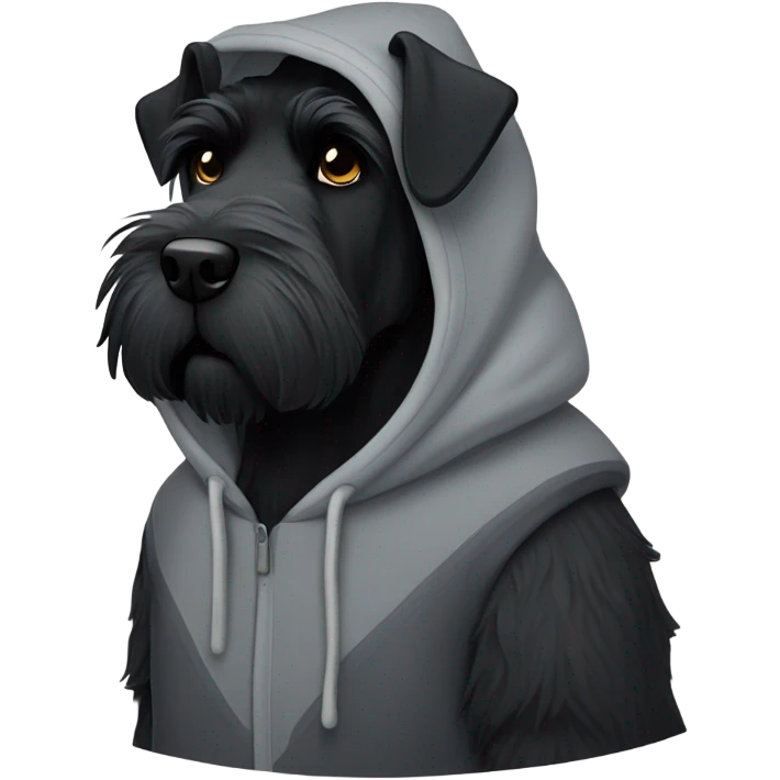 Black giant schnauzer wearing a hoodie emoji