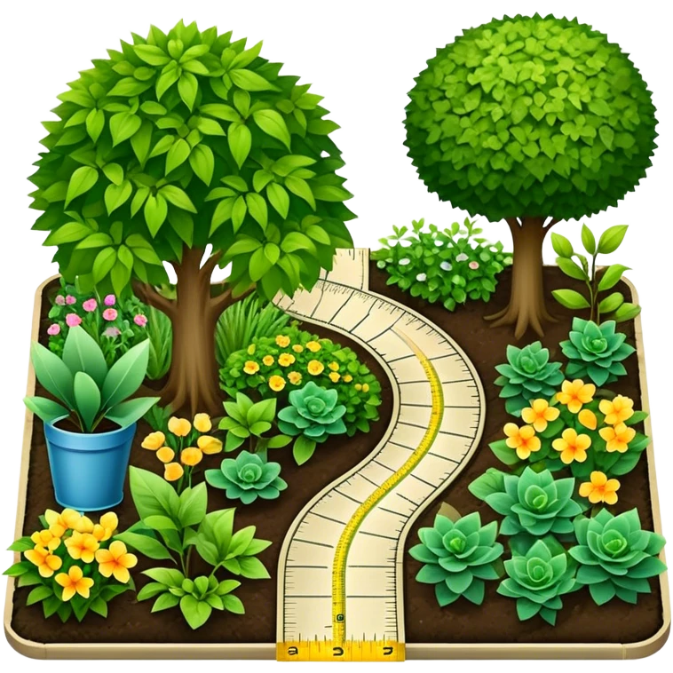 Icon for Landscape Design: a garden layout with plants, trees, paths, and design tools like a ruler, pencil and measuring tape. The icon should represent creativity in outdoor space planning and gardening. Transparent background. emoji