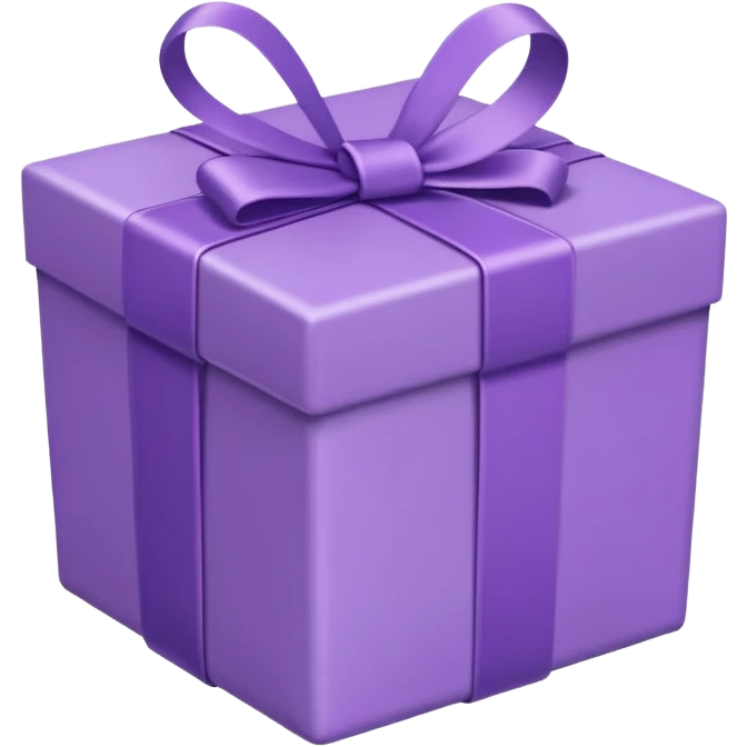 A cute emoji-style illustration of a purple gift box with a ribbon, pastel purple tones, rounded shape, kawaii style, simple clean lines, soft shading, minimal details, centered composition, transparent background emoji