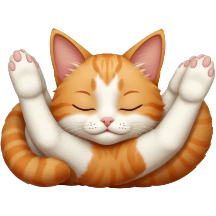 ginger and white small cat eyes closed lying down upside down with paws stretched out straight in different directions emoji