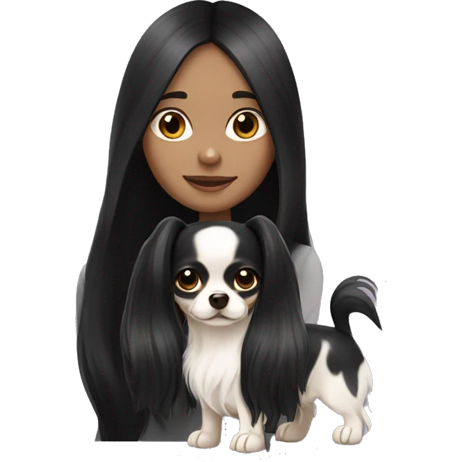 long black hair girl with white long haired Chihuahua. emoji
