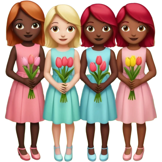 girls at a garden party wearing pastel dresses and holding tulips, one is black, one is blond, one has brown hair, one has red hair emoji