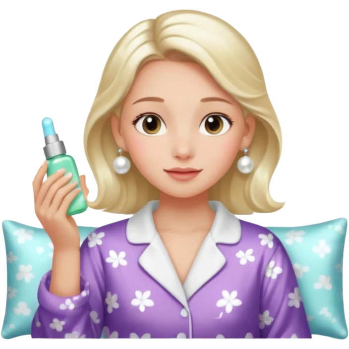 Clean girl aesthetic emoticons, apply skincare products, pearl earrings, glowing skin, pajamas, soft lighting emoji