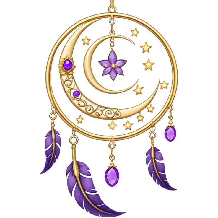 Epic beautiful gorgeous cute gold suncatcher, threads with shiny sparkly amethyst gemstones, flowers, crescents-moons, stars, violet Feather, gold feather emoji