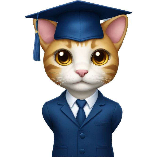 A student cat in a dark blue suit and a square academic dark blue cap emoji