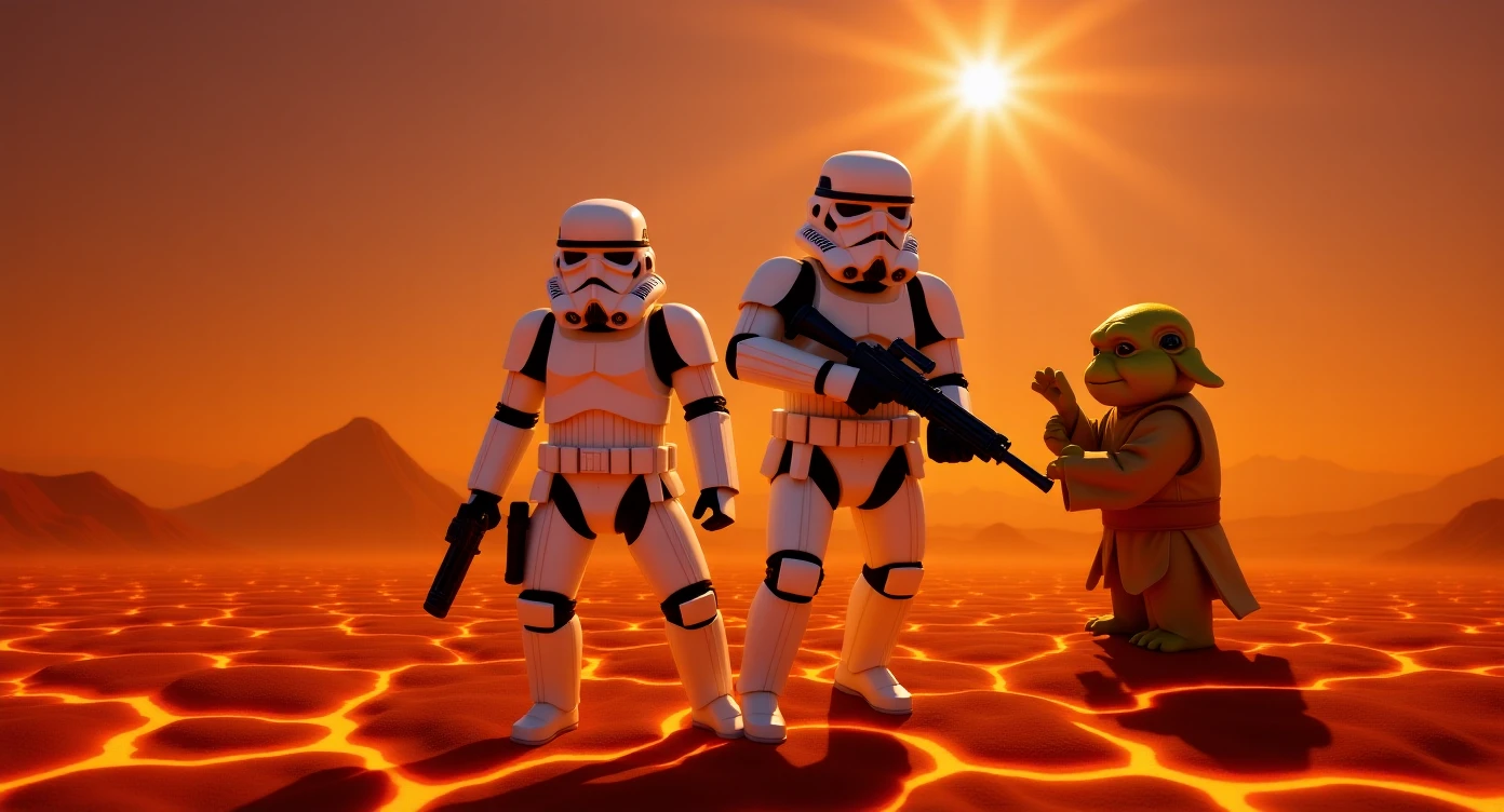 Camera POV, Starwars stormtroopers vlogging selfie, he is walking on lava planet with yoda emoji