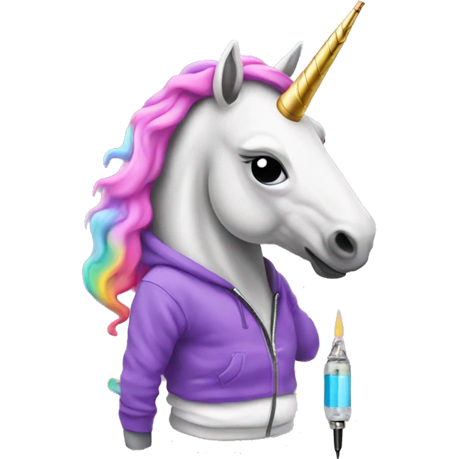 Unicorn wearing a hoodie with a vape pen emoji