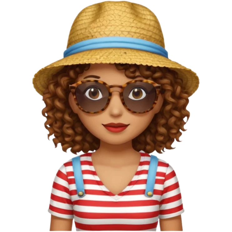 curly hair woman with striped clothing sun glasses and straw hat emoji