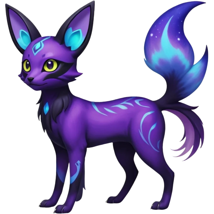 Rare realistic purple indigo violet nebulae shiny sparkly dark-neon glowing bioluminescent edgy badass epic pretty beautiful handsome gorgeous aesthetic colorful vibrant Vernid-Trico-Umbreon-Espeon-species-Fakemon-creature by LiLaiRa, 4 legs, 1 tail, random markings, (full body) emoji