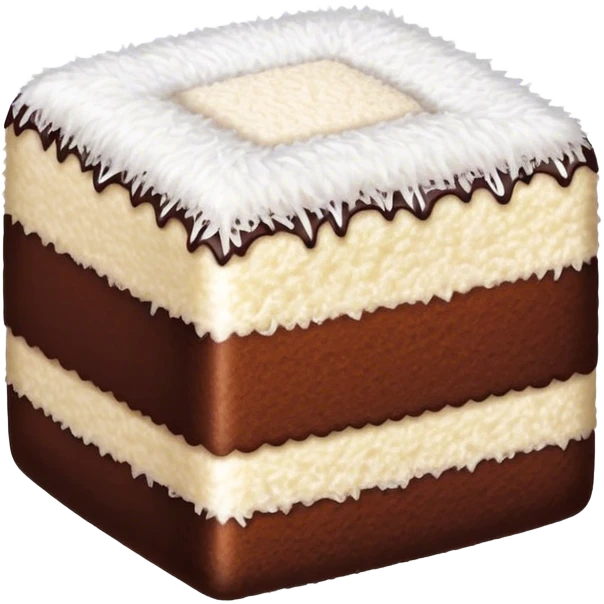 Lamington Cinematic Realistic Lamington Dessert Emoji, depicted as a sponge cake square coated in chocolate and dusted with coconut on all sides, rendered with lifelike textures and vibrant, tropical lighting. emoji