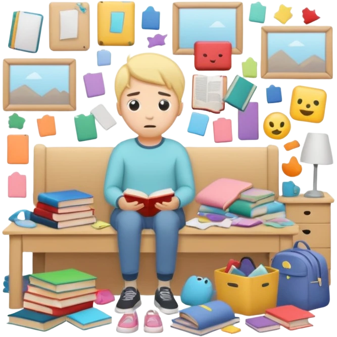 messy room with scattered objects, clothes and books everywhere, simplified human character looking slightly overwhelmed but safe, everyday chaos, flat custom emoji sticker, pastel colors, rounded shapes, minimal details, thick outline, white background, no text emoji