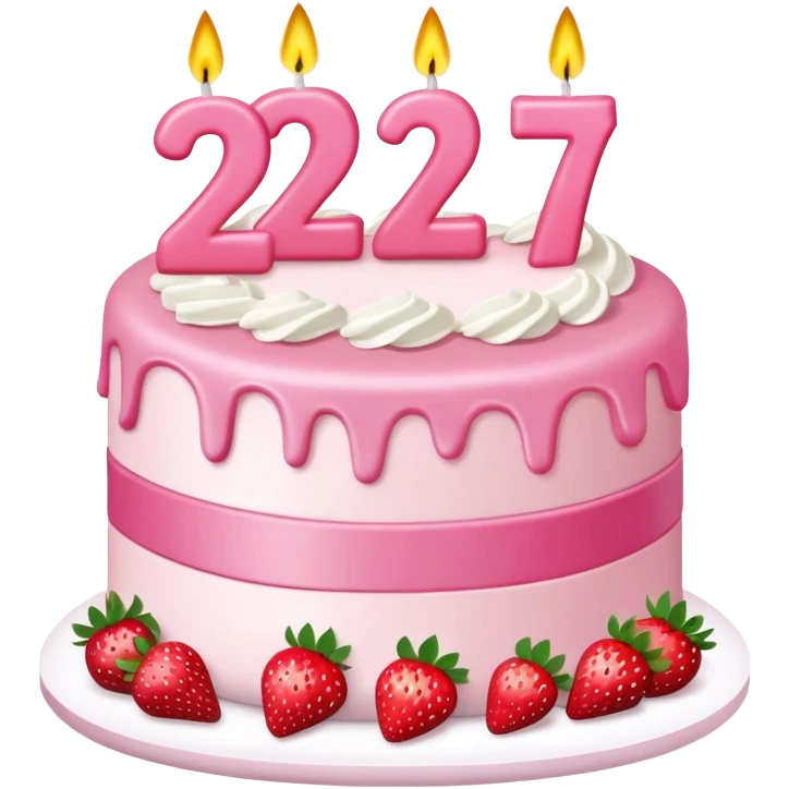 Pink birthday cake with the number 27 as candles on it and strawberries  emoji