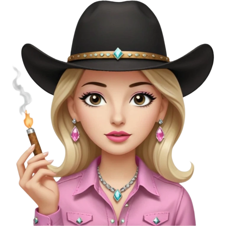White girl, long black eyelashes, black cowboy hate with hat band sparkling, long light brown straight hair, pink and black western shirt, smoking a joint,  big white diamond stud earrings emoji