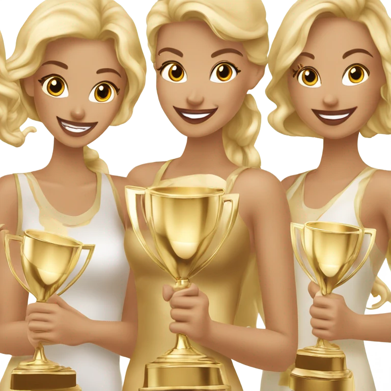 Six beautiful and elegant blonde and Latina models celebrating with 1 huge gold trophy emoji