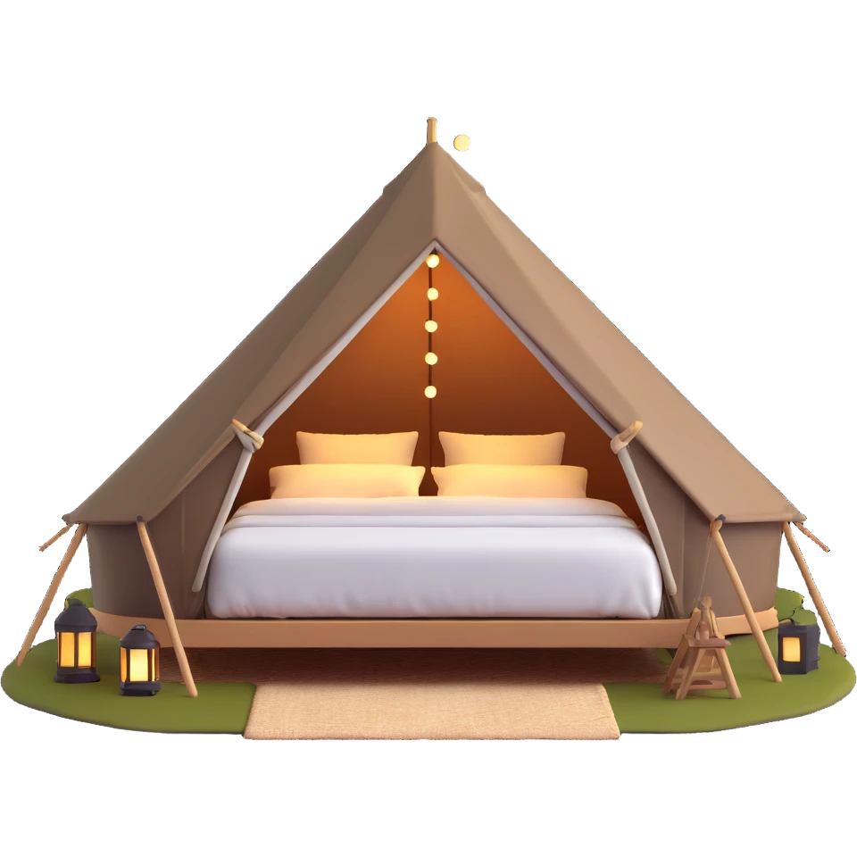 glamping luxury tent with string lights and comfortable bed emoji