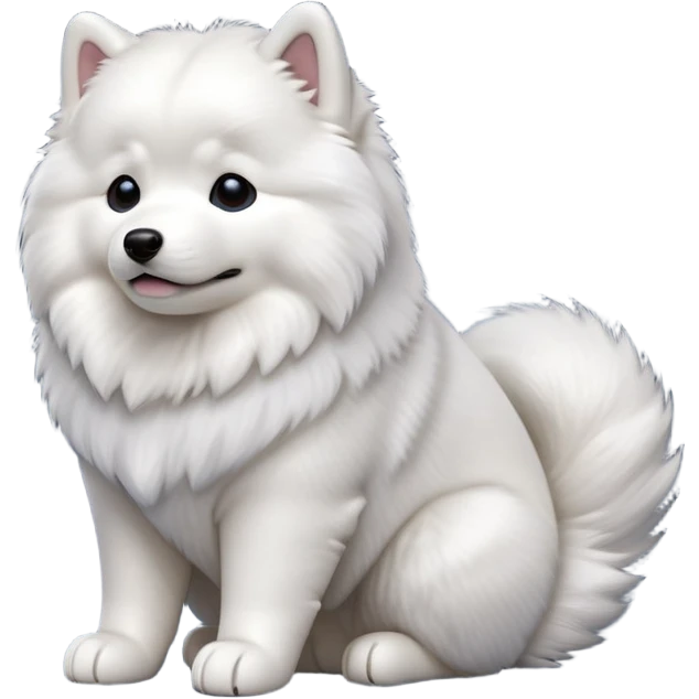cinematic-[samoyed]-realistic-full-body-sitting-emoji,-tail-resting-loosely-beside-its-paws,-head-tilted-dramatically, -fluffy-[white]-fur,-simplified-yet-realistic-focused-features,-highly-detailed,-glowing-with-an-almost-sarcastic-glow emoji