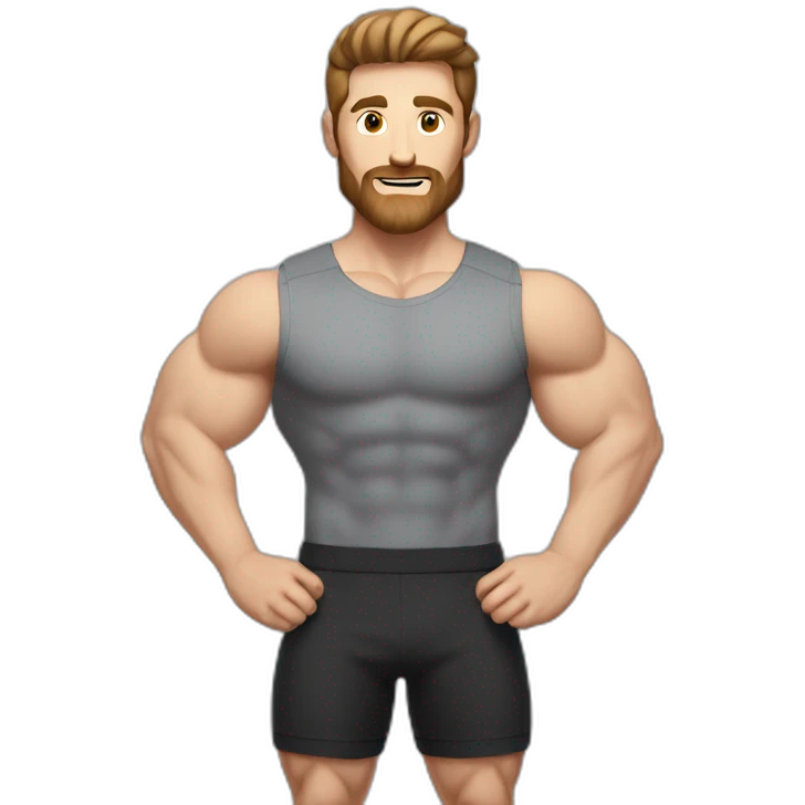 Close up Actively gesturing  with hands Pale skinned Fit Man With the biceps and brown hair in dark gray Sleeveless Mike, black oversize sports shorts, watch and white Sneakers emoji