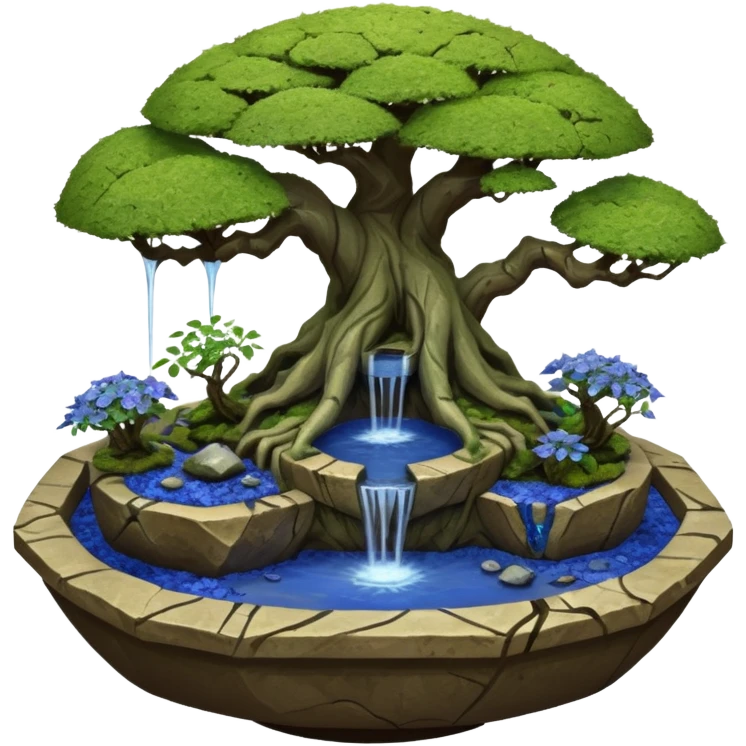 Alien saucer jungle-vines fountain mountain-island landscape antique mudman very old broken cracked intricate Stone Age lapis-crusted irregular dodecagon-shaped shallow dark moss rough bark blue serissa flowered maple tree bonsai pot emoji