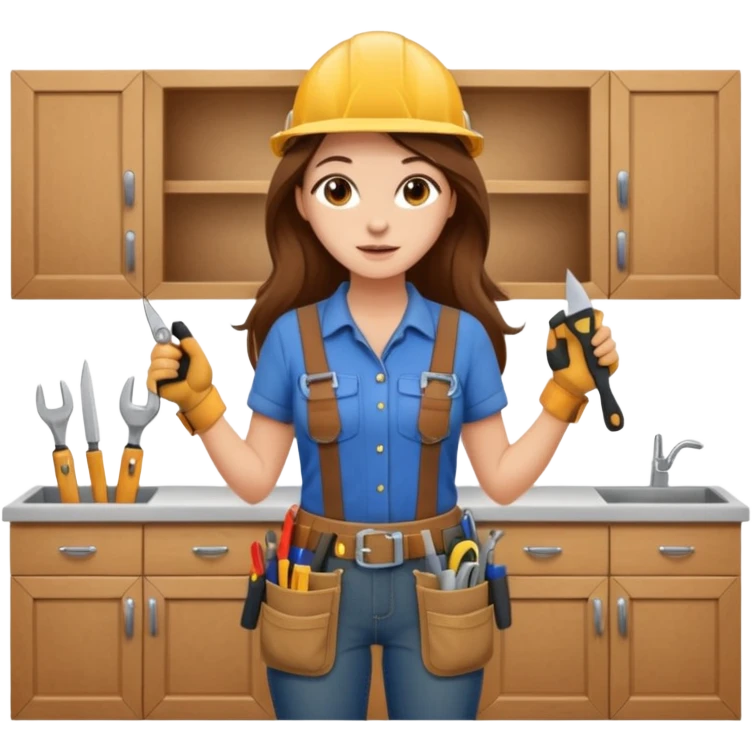 beautiful girl with long brown hair constructing new kitchen cabinets emoji