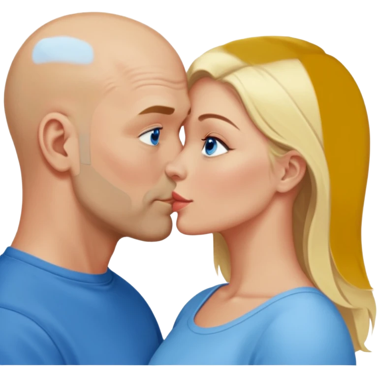 middle aged bald man with salt and blonde scruff, blue eyes and blonde woman with blue eyes kissing each other emoji