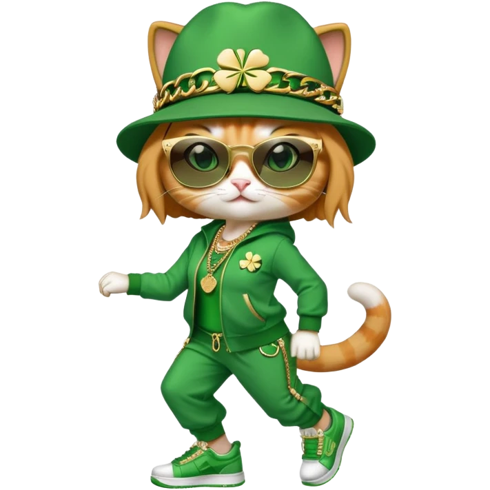 female cat wearing hip-hop Run DMC outfit with green tracksuit, fedora with shamrock, dark sunglasses, gold chains, bling accessories, St. Patrick's Day theme, break dancing emoji