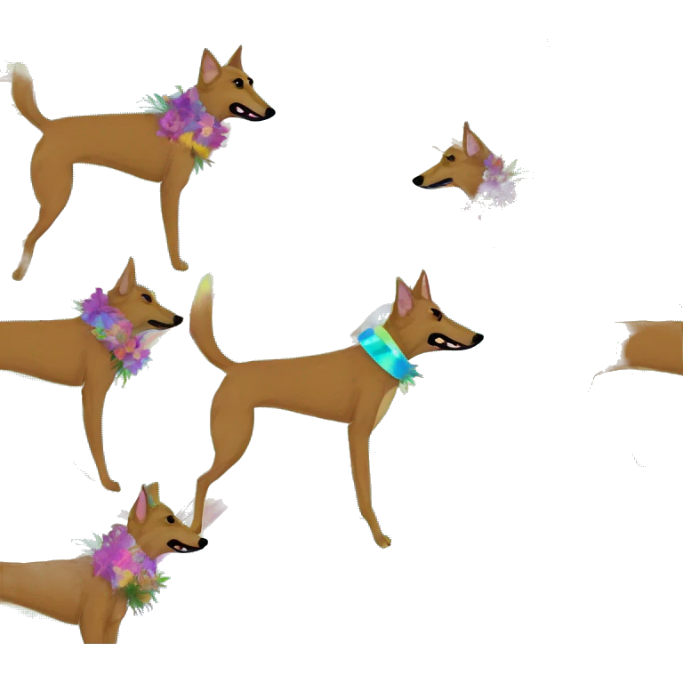  brindle brown black maroon striped lurcher Alsatian fox running blue eyes and iridescent holographic oilslick harness wearing paper iridescent tropical flower crown yellow caution tape emoji