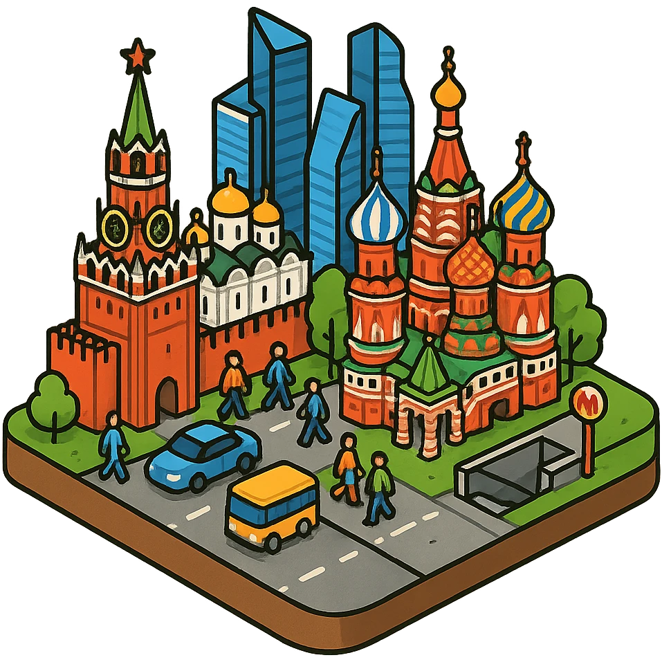 Изометричная миниатюрная фотореалистичная 3D модель Москвы на подставке - Кремль, собор Василия Блаженного, фотореалистичные Башни Москва-Сити, аккуратная детализация, четкие линии, яркие цвета, мультяшный реализм, гуляют люди и современный автотранспорт и метро, компактная композиция, вид сверху в изометрии, прозрачный фон emoji