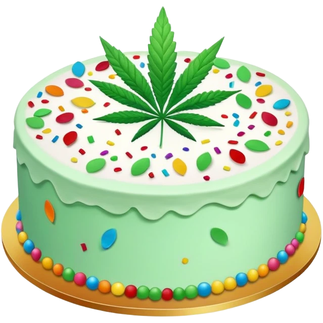 Colorful confetti cake with mint leaves and a cannabis leaf decoration on top emoji