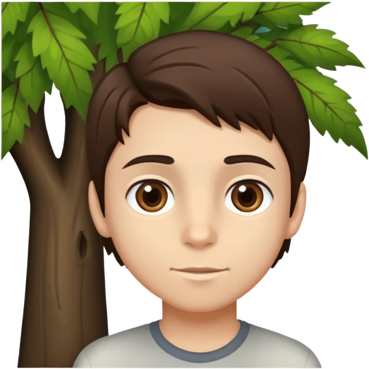 boy with straight brunette hair brown eyes and tree behind emoji