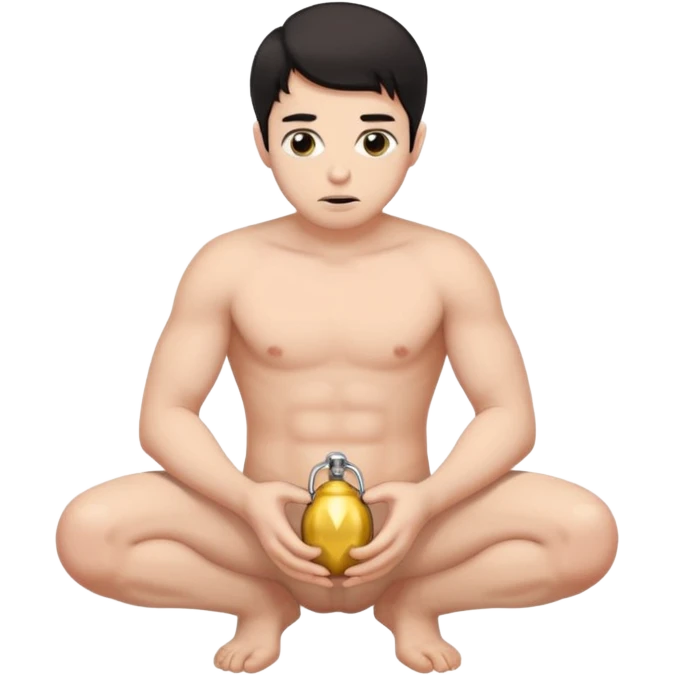 Submissive dark haired man on his knees wearing a chastity cage on his little penis emoji