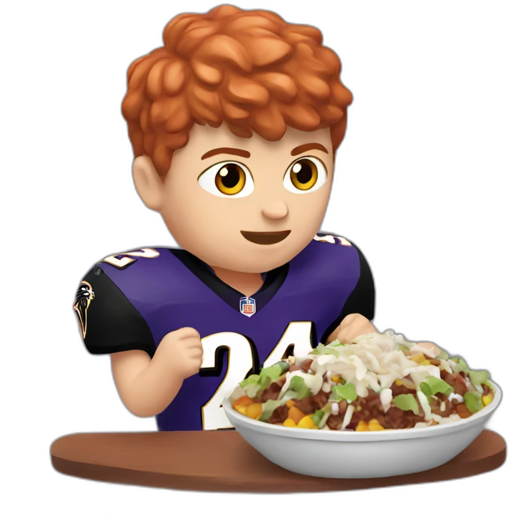 a red-haired boy wearing a ravens jersey and eating a chipotle burrito bowl emoji