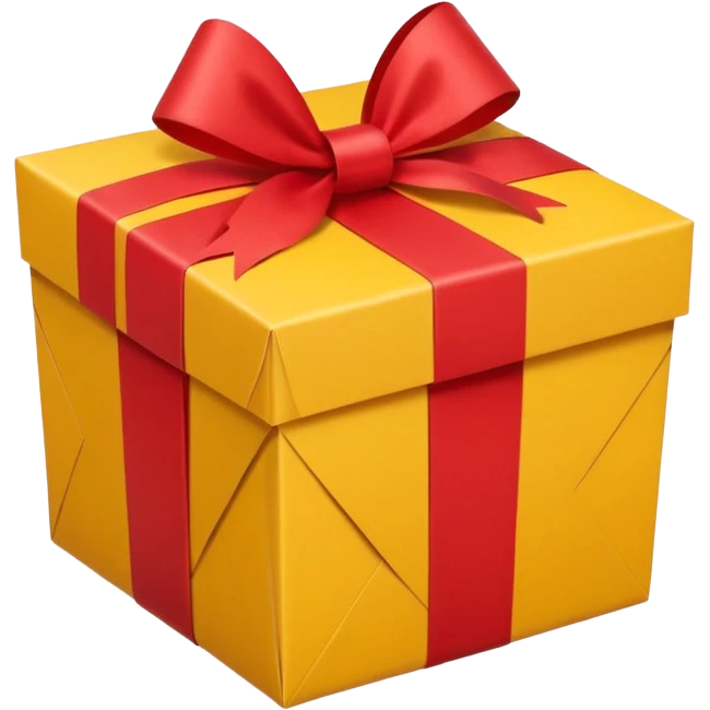 box with yellow wrapping paper and a length of red ribbon surrounding it on the ground so you can see most of the box emoji