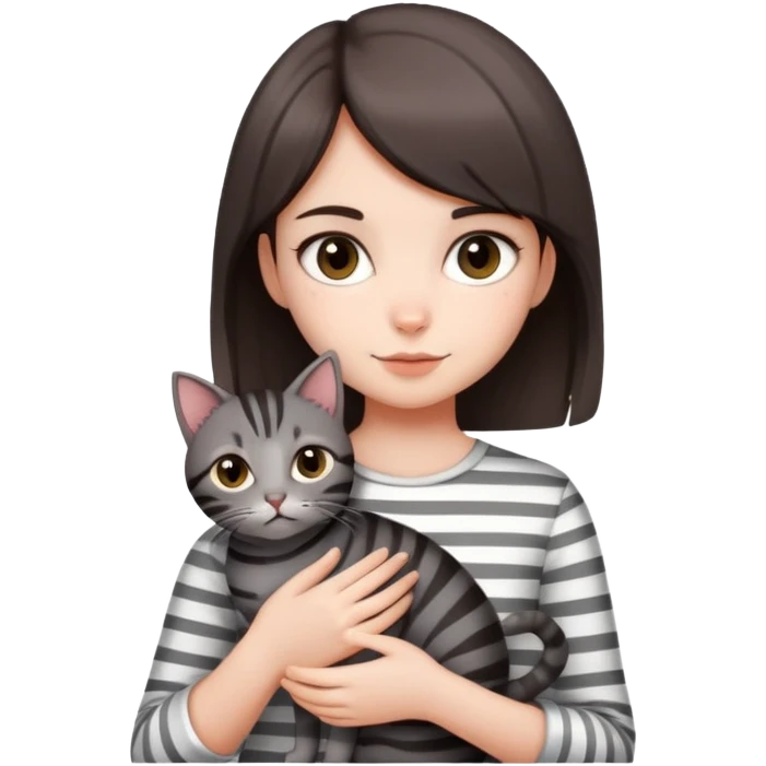 Cute girl with short dark brown hair holding striped grey cat  emoji