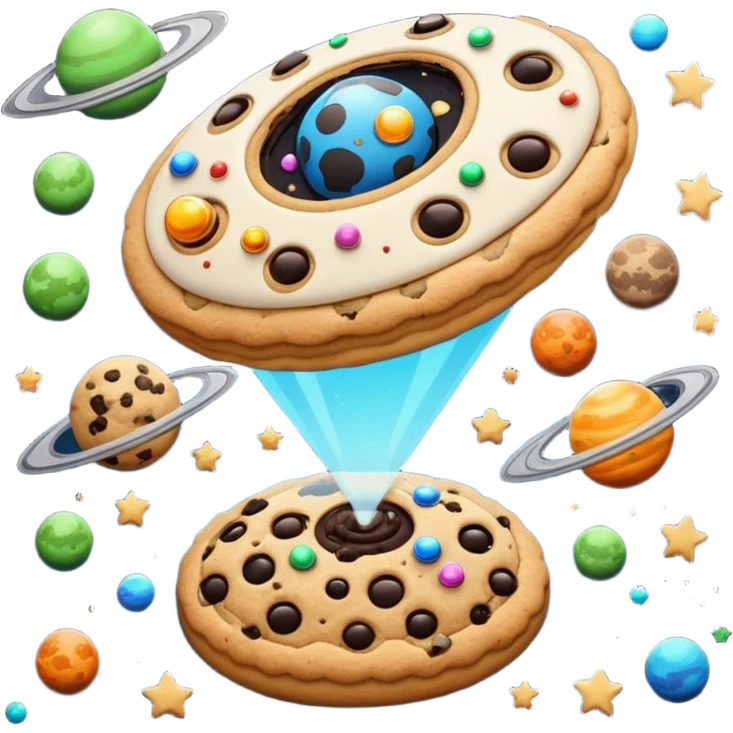 Outside view of a half-spaceship cookie factory floating in orbit, metallic hull with cookie insignia, stars and planets in the background, emoji-style emoji