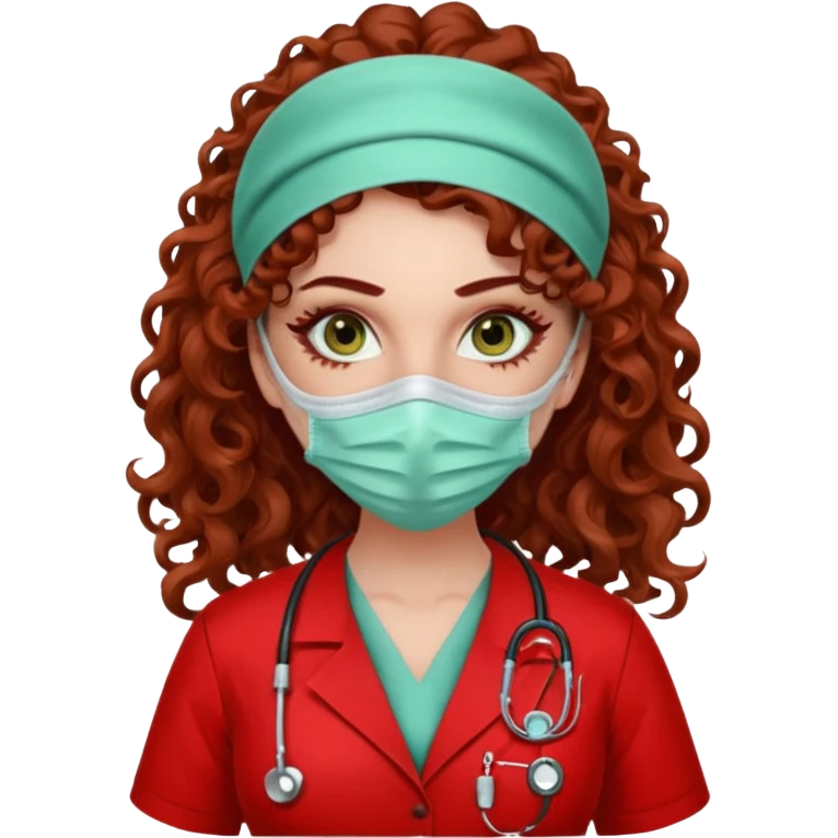 Sensual Spanish Lilith core evil surgeon.red outfit.  Surgeon has hazel-green eyes. Her hair is BROWN. Hair is also  long and  curly. wearing a sexy surgeon outfit with platform  heels.she is a calculated killer. She covers only her mouth and nose with mask to hide identity carries  emoji