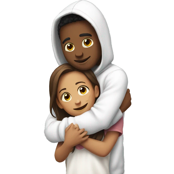 An emoji of a man wearing a white hoodie, standing next to his sister. He is hugging her warmly, showing a close sibling bond emoji