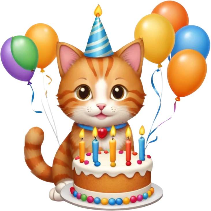 Ginger tabby kitten celebrates birthday, birthday hat, birthday cake, one candle, balloons, happy, gifts emoji