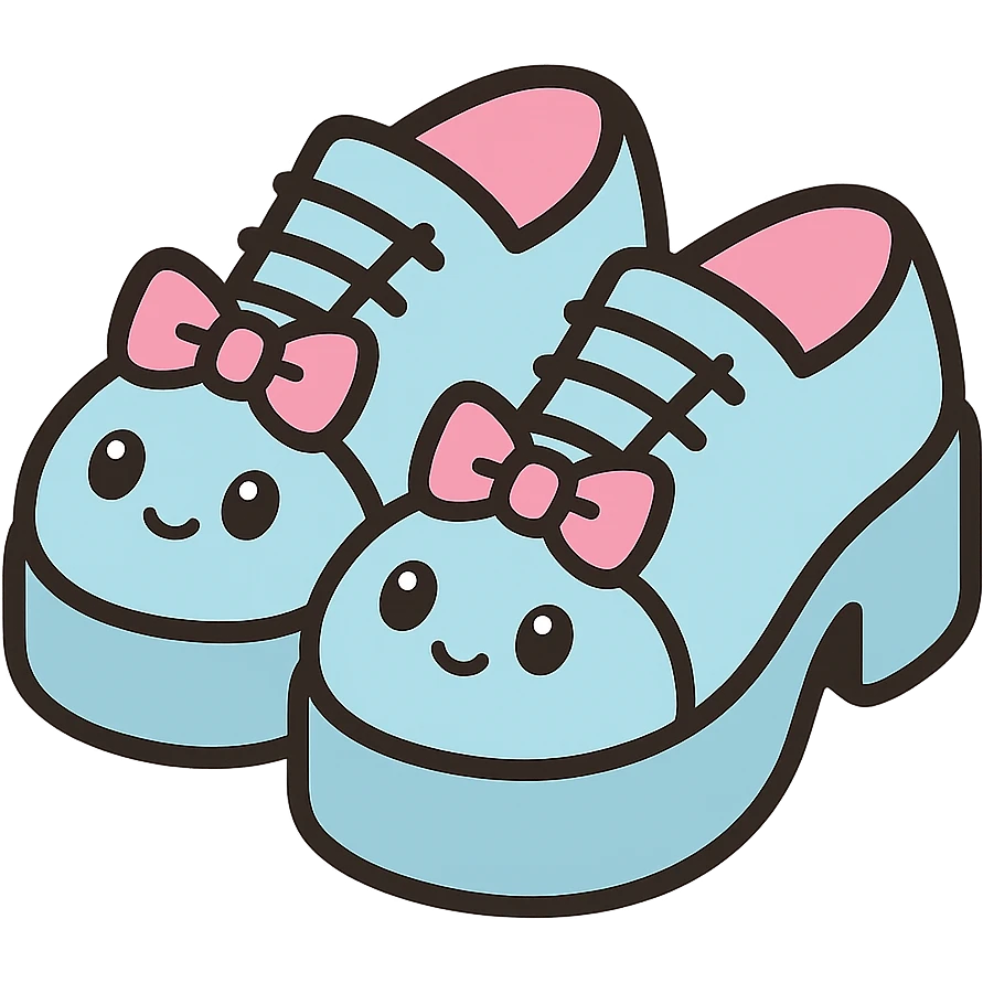 Make the shoes pastel blue with black and pink accents, kawaii style, no socks, no hearts, transparent background emoji