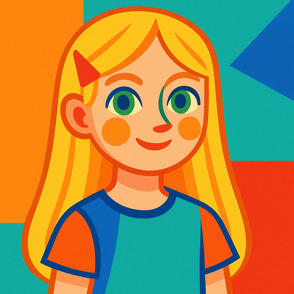blonde girl, long straight hair, green eyes, colorful illustration style emoji