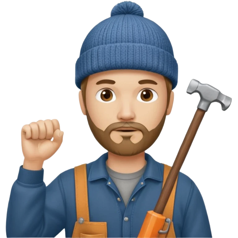 Woodworker goatee knit cap Carharttk shirt hand raised above head emoji